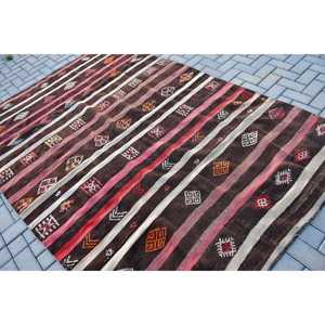 Turkish Kilim Large Rug 5.9x8.8 ft (180x268 cm), Vintage <b>Brown</b> Patchwork <b>Wool</b> Rug - Product Image 4