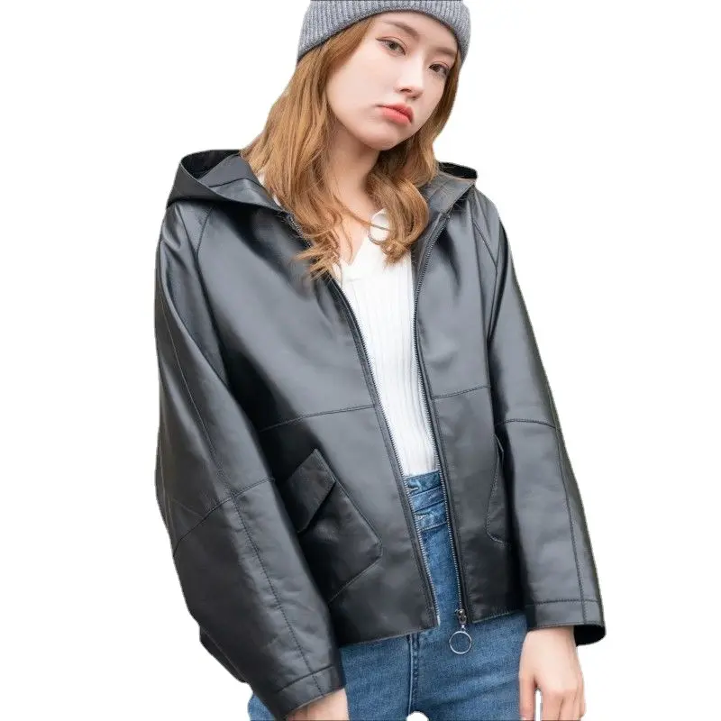 Spring and Autumn New Short Sheepskin Genuine Leather Coat Women's Loose Hooded Windbreaker Leather Jacket Hooded Coat Women