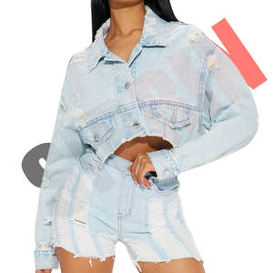 100% algodón última chaqueta de mezclilla lavada ligera chaqueta rasgada de mujer chaqueta recortada de mujer con cuello no elástico desgastante - Product Image 2