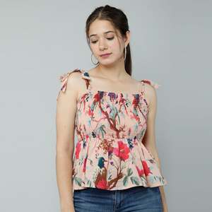 <b>Peach</b> Bird Printed Bohemian Tank <b>Top</b> Striped and Floral Linen-Chiffon Spaghetti Strap Bow Collar Size XL for Spring Season - Product Image 6