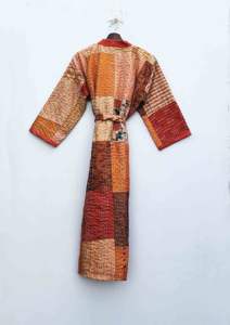 Beautiful Green Cotton Silk Kantha Patchwork <b>Kimono</b> Double Layer Cotton Silk Hand Made <b>Women</b> Kantha Robe With Pockets and Belt - Product Image 5