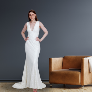 Vestido de noche con cuentas a mano y acabado elegante superior con cuello en V sin mangas, aspecto brillante, perfecto para eventos de ceremonia y espectáculo - Product Image 3