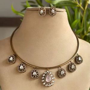 Gold Plated Luxury Designer Polki Necklace <b>Set</b> with <b>Earrings</b> Bridal Jewelry for Wedding & Party Celebration - Product Image 1