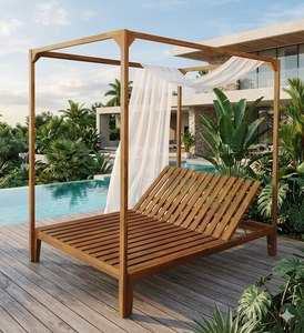 Lit de repos d'extérieur en teck avec coussin en mousse à mémoire de forme et dossier inclinable pour terrasse au bord de la piscine - Product Image 2