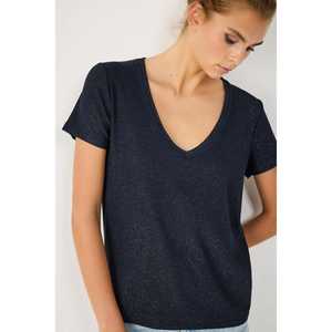 Camiseta con cuello en V de tela brillante - Product Image 2