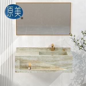 Iluminación LED Nicho Pizarra Gabinete de <span class=keywords><strong>lavabo</strong></span> integrado Mármol Superficie sólida Fregadero de piedra sinterizada Tocador de baño con espejo enmarcado - Product Image 3