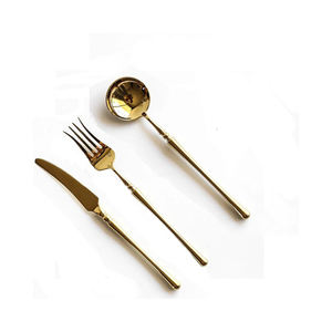Gold Plated Stainless <b>Flatware</b> with Bamboo Pattern Handle Guangzhou Italian Cutlery with Thick Flat Modern Salad Server Set - Product Image 4