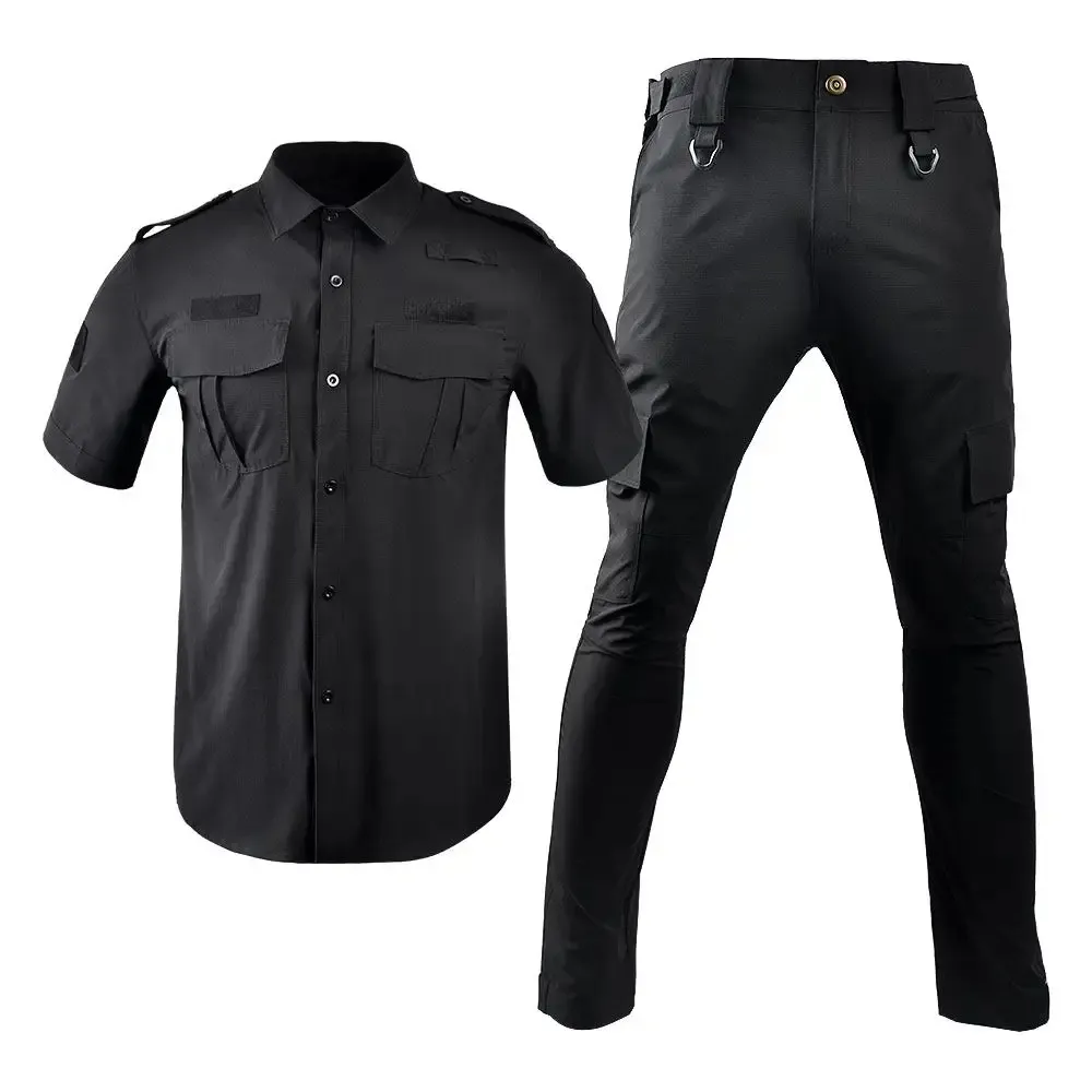 Outdoor Training Security Guard Uniforms Mens Short Sleeve Button Up Security Uniform with Patches 2 Pocket Work Uniform