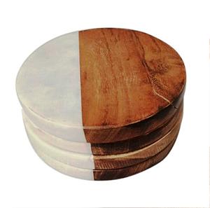 Round Marble Acacia Wood Coasters <b>Set</b> of 4 Natural Wood And Marble Mango coaster Made In India - Product Image 2