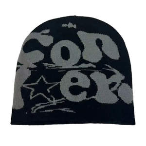 Gorro de esquí acrílico Unisex de algodón 100%, gorro de Jacquard con logotipo bordado personalizado, gorro de punto sin puños cálido de invierno con estampado completo - Product Image 6