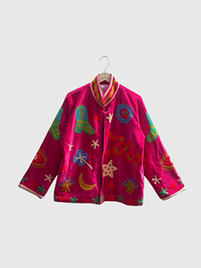 Veste en velours rose brodée, col mandarin, manches longues, motif artisanal, pour femme adulte, tenue d'automne - Product Image 1
