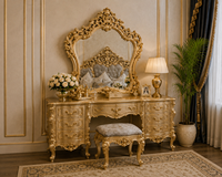 Lit royal classique très vendu, finition or antique, design opulent inspiré du rococo, bleu roi capitonné en bois de teck