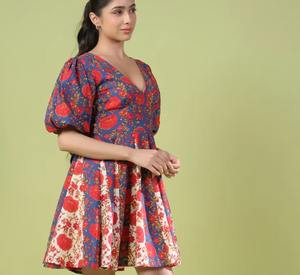 ชุดเดรสผ้าฝ้ายสไตล์อินเดียเดรสสั้นพิมพ์ลายดอกไม้ชุดเดรสสั้นสำหรับฤดูร้อนของขวัญงานแฮนด์เมดมีสไตล์สำหรับเธอ - Product Image 2