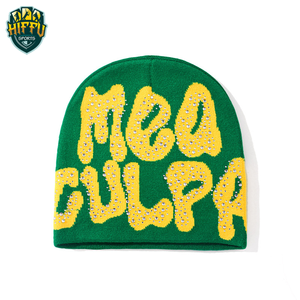 Gorros de calidad superior con logotipo personalizado al por mayor, gorro de calavera cálido para invierno con diamantes de imitación, gorro de punto con gráfico de letras Unisex - Product Image 2