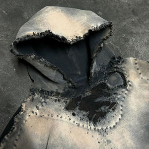 Personalizado hombres peso pesado algodón Vintage ácido lavado blanco angustia parche pulóver sudaderas con capucha Color sólido hombres sudaderas con capucha - Product Image 3