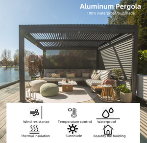 Pergola extérieure en <span class=keywords><strong>aluminium</strong></span> à lames orientables, abri <span class=keywords><strong>de</strong></span> <span class=keywords><strong>jardin</strong></span> imperméable avec toit réglable, idéale pour l'ombrage solaire - Product Image 3
