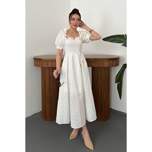 White Smocked Broderie <b>Dress</b> - White - Product Image 2