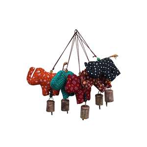 Handmade Bohemian <b>Elephant</b> Hanging Ornament Recycled Cotton Fabric with Beads Bells for Home Wall Art Creative Diwali Style - Product Image 1