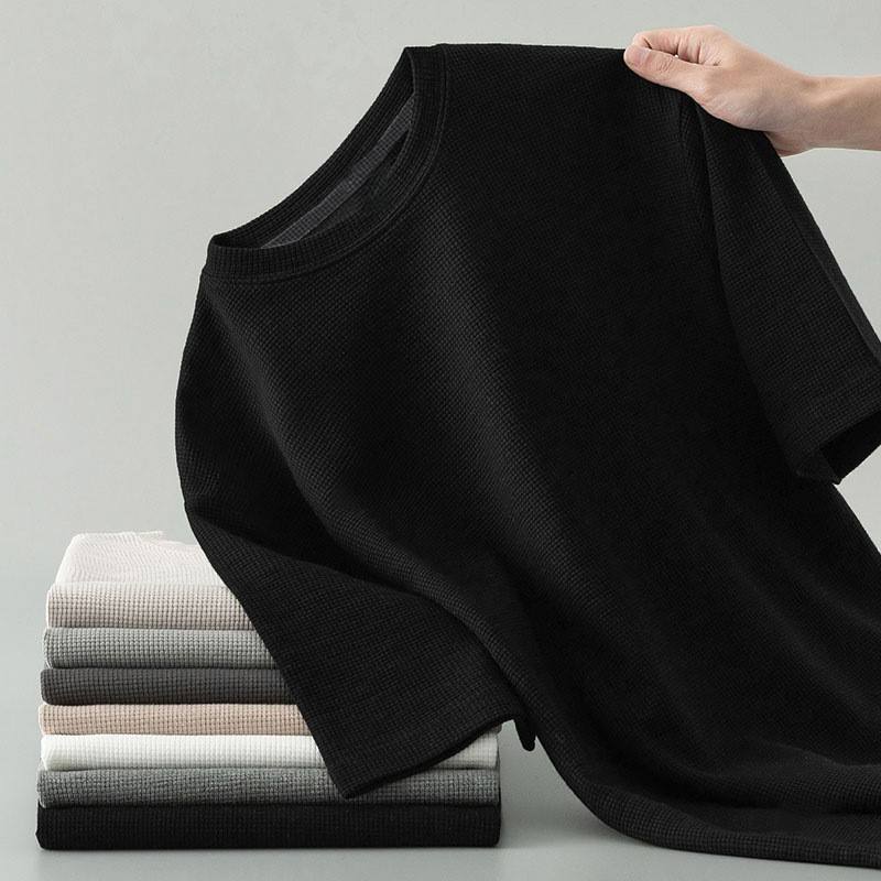 เสื้อวาฟเฟิลแขนสั้นสีดำมีปก