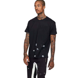 Ensemble T-shirt et pantalon évasé assorti avec peinture noire personnalisée, tenue streetwear pour homme, coton décontracté - Product Image 2