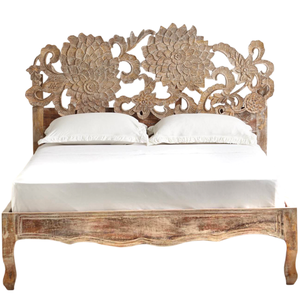 Handmade Carved Queen Size <b>Bed</b> Frame Solid Mango <b>Wood</b> Carved Natural Coastal Finish Sunflower <b>Wood</b> Slat Support <b>Bed</b> Frame - Product Image 1