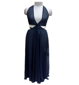 Halter Neck Cut-Out Noir Soie Georgette Retour Cravate Longue Maxi Robe De Soirée D'été pour Dames En Mousseline De Soie Tissu - Product Image 1