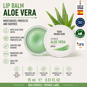Baume à lèvres à l'aloe vera en marque privée SPF10 15ml OEM |   Soin hydratant pour les lèvres au beurre de karité et à la vitamine E |   Espagne UE - Product Image 1