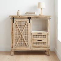 Buffet rustique en bois de style ferme avec portes coulissantes en rotin et 2 tiroirs, meuble de rangement console