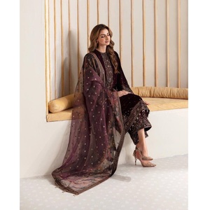Conjunto Salwar de terciopelo pesado con bordado Zari de diseñador pakistaní Maruti Fashion, preconfeccionado, para mujer, estilo palazzo recto, para boda. - Product Image 1