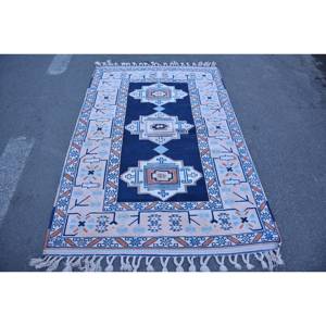 Classique Bleu Beige Patchwork Laine Tapis 4.1x 6.6ft Vintage Turc Design pour Salon Décorations Latex Soutenu 9x12 - Product Image 1