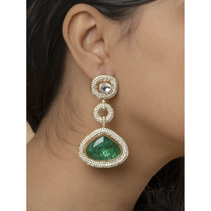Green Color <b>Gold</b> Plated <b>Screw</b> <b>Back</b> Moissanite <b>Earrings</b> with Kundan & Zircons MO-EAR16WGR - Product Image 1