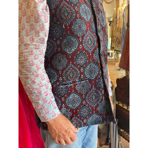 jacketMen's Velvet and Cotton Lining Nehru Jacket with Hand Drawn Ajrakh Printing Indian & Pakistani Ethnic Style Casual Regular - Product Image 4