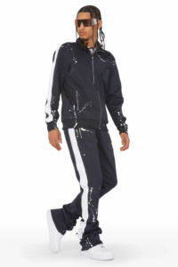 Pantalon de survêtement évasé personnalisé pour hommes, ensemble de survêtements empilés en noir avec bandes blanches, survêtements deux pièces grande taille - Product Image 4