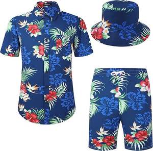 Conjuntos de chándal para hombre: Pantalones cortos de punto con cintura elástica, camisas casuales con botones, conjuntos deportivos, trajes hawaianos cómodos para el verano. - Product Image 1