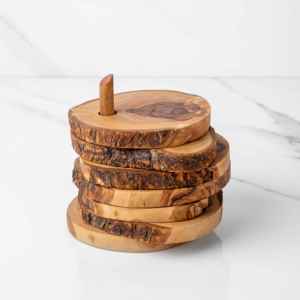 Ensemble de 6 sous-verres en bois d'olivier avec support, sous-verres ronds rustiques pour table basse, bar et restaurant, vente en gros - Product Image 4