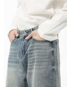 Jeans décontractés à jambe droite pour hommes, délavés, tendances chaudes pour Hip Hop, Streetwear-Pantalon large délavé en détresse - Product Image 4