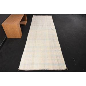 Tapis turc vintage moderne 3.4ft X 10.1ft Beige & Blue Patchwork Design tissage plat support en latex pour décorations de salon - Product Image 1