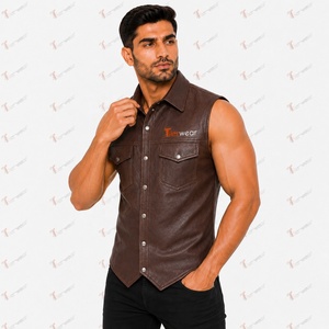 Tiierwear Men's <b>Brown</b> Leather Sleeveless <b>Vest</b> Plus Size Summer Breathable with Button Closure and Front Pockets Casual Outerwear - Product Image 2