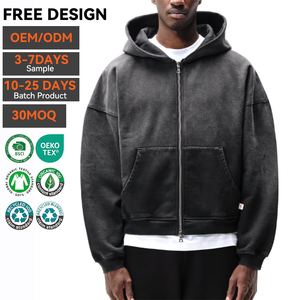 Y2K Zipper Pullover Hoodie 100% Cotton Solid Heavyweight Oversized Acid <b>Wash</b> Vintage Distressed Pocket Plain Custom Logo Blank - Product Image 1