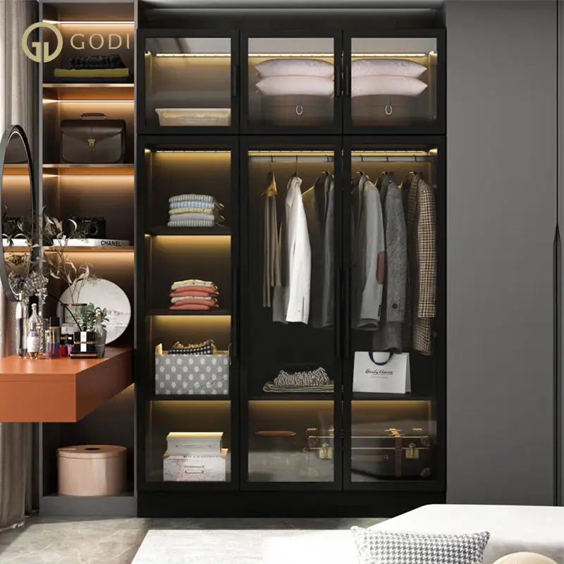 GODI luxury 2 door wooden glass almirah wood combination wardrobes cabinet bedroom furniture closets wardrobes with mirror