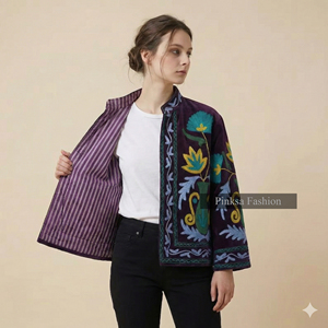 Chaqueta de Terciopelo y Algodón con Bordado Suzani Artesanal Premium - Elegante Motivo Floral de Granada, Herencia Cultural para Mujer - Product Image 6