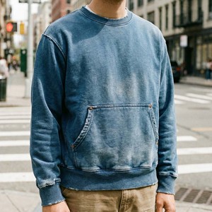 Sweat à capuche personnalisé en denim indigo bleu délavé, 100 % coton, style vintage, pour l'hiver, idéal pour le travail ou le streetwear, vente en gros - Product Image 5