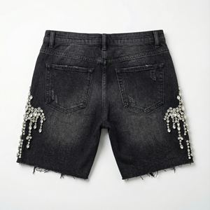 Shorts en jean pour femmes, strass personnalisés, streetwear, coupe régulière, délavé, décontracté, demi-pantalon, fabricant en gros, commande en gros - Product Image 2