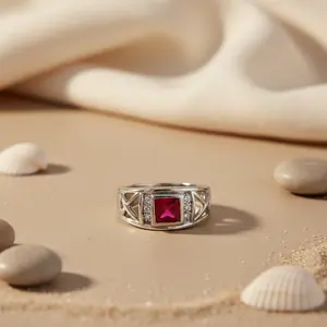 <b>Men's</b> <b>Silver</b> Ruby Cluster <b>Ring</b> Fashionable Square <b>Stone</b> Inlay <b>with</b> Gold Plating Stylish Trendy Stainless Steel Jewelry Gift - Product Image 3