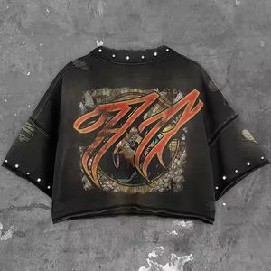 T-shirts pour hommes personnalisés en coton 100% 250g 300gsm, coupe courte, bord brut, épaules tombantes, impression DTG, effet délavé soleil diamant, effet vieilli - Product Image 2