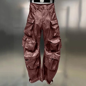 Multi Pocket Design Vintage PU <b>Leather</b> <b>Pants</b> for Women High Waist Single Button <b>Cargo</b> Trousers 2024 Autumn Female - Product Image 3