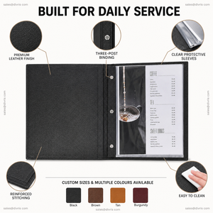 Cubierta de Menú DIVRIS DRL-109 de Cuero PU Negro con Anillas Metálicas para Restaurantes y Hoteles, Color y Tamaño Personalizables, Capacidad para Múltiples Páginas - Product Image 4