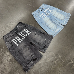 High Quality Custom Embroidery Logo Denim <b>Shorts</b> for <b>Men</b> Baggy Distressed Washed <b>Black</b> Streetwear Summer Fashion - Product Image 4