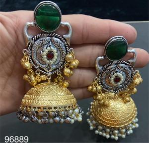 OM Fashion Studio Fashion Lightweight German <b>Silver</b> Stone Evil Eye Beads <b>Jhumka</b> Earrings Gujarat Teens College Wear Matches Any - Product Image 5