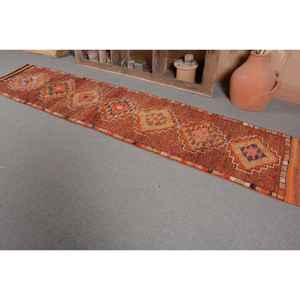 Alfombra turca vintage con diseño étnico marrón naranja patchwork estilo clásico 2.4x11ft lana con respaldo de látex para decoración de habitación de adolescentes - Product Image 3